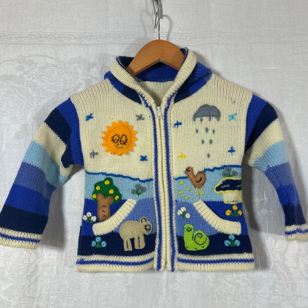 Cardigan Sweater 2T Embroidered Applique Animals Trees Sun Made in Peru Hood Zip